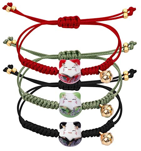 Yolev 3 Stück Niedliche Glückskatze Maneki Neko Keramik Perlen Armband mit Glocke Verstellbar Lucky Cat