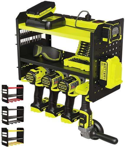 BUILTSTRONG Power Tool Organizer Wall Mount - 3-Tier Heavy-Duty Metal Hand Tool Storage Rack, Utility Racks, Drill Holder, PegBoard Side, & More - Garage Storage Cordless Tool Organizer (Green)