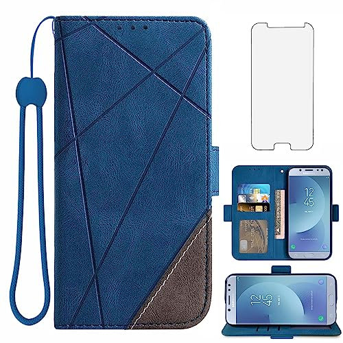 Asuwish Handyhülle für Samsung Galaxy J5 2017 Hülle mit Glas Folie Schutzfolie Kartenfach Klappbar Leder Geldbörse Ständer J5 Pro Duos SM-J530F/DS J530F Handy Hüllen Schutzhülle Cover Phone Case Blau