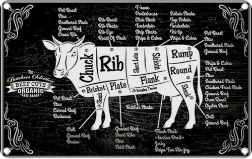 vianmo Blechschild 20x30 cm Kuh Beef cuts Organic Metzgerei Deko Geschenk Metall Schild