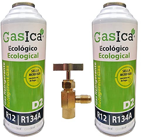 Gasica D2 226g. (Pack 2 Uds + Llave Grifo) Botella Refrigerante Orgánico Ecológico Sustituto del R12 y R134A para Recarga de Aire Acondicionado Coches