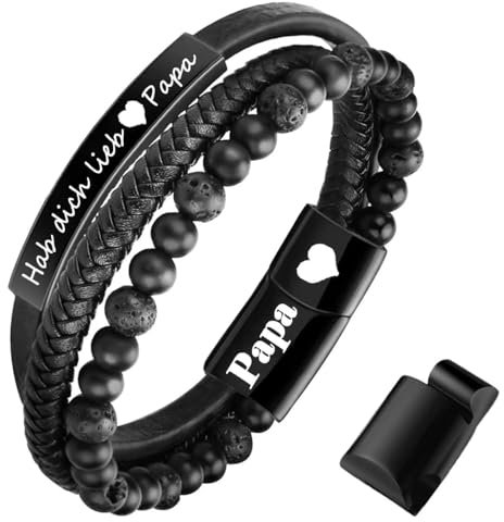 Lwkeay Vatertagsgeschenke für Papa - Geschenke für Papa - Papa Armband Leder schwarz - Gravur “Hab dich lieb,Papa” - Geschenke für Papa Vater Dad
