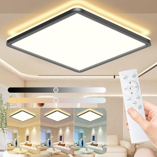 HABOWN LED Deckenleuchte Flach Dimmbar mit Fernbedienung, 24W 3200LM 3000-6500K Ultra Dünn Deckenlampe Backlighteffekt Decke Lampe für Wohnzimmer Schlafzimmer Küche Bad Balkon Quadratisch 29cm,Schwarz
