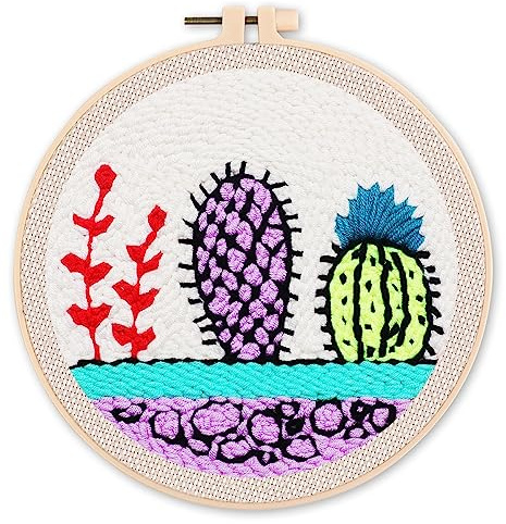 Figured'Art Punch Needle Set für Erwachsene - Stickerei, ideal für Anfänger - Bunte Kakteen an einer weißen Wand - 20x20cm mit rundem Rahmen