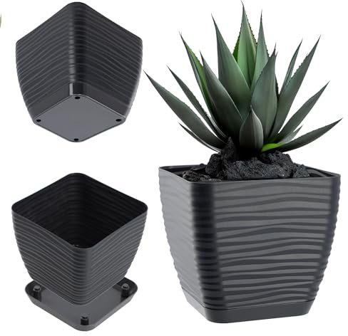 KADAX Vaso da fiori con sottovaso, vaso per fiori, per interni, leggero, in plastica, per fiori, piante, casa, stanza, vaso (15 cm, quadrato, antracite)