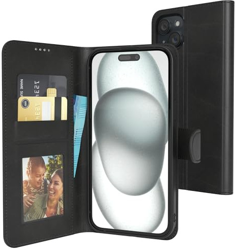 EAZY CASE - Klapphülle für iPhone 15 Plus Hülle klappbar Kameraschutz Schutzhülle magnetisch Flip Case Ständer Kunstleder Klapptasche mit Kartenfach Sichtfenster für Foto Premium Handyhülle Schwarz