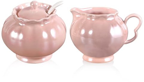 Lot de 3 sucriers et pichet à crème en porcelaine émaillée nacrée pour café, thé, lait et tout comptoir, rose