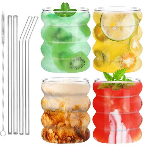 Lot de 4 Verres à Bulles en Verre 350ml, Verre Strié Vintage Style Forme de Vague, Verre a Eau Bulles, Verres Cannelés, Verre à Cocktail avec Paille et Brosse, pour Cocktail, Lait, Eau, Jus, Café