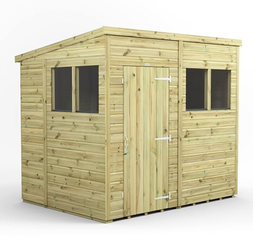 Powersheds High Grade Premium Pressure Treated Pent Shed Garden Wooden Shed with Heavy Duty Frame, Door & Window Flexibility made from Extra Thick Timber & Toughened Glass (8x6)