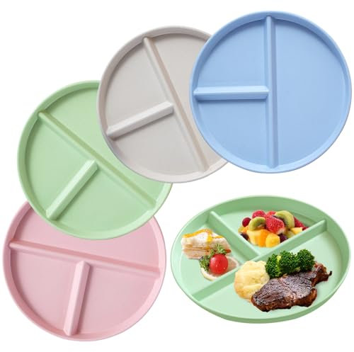 Ulikey Platos Divididos, Platos de Control de Porciones Irrompible, 4 Colores, Platos Llanos Redondos Reutilizable con 3 Compartimentos, Platos para Adultos, Niños, Microondas y Lavavajillas