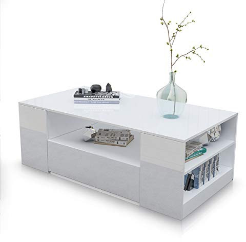 Couchtisch, Moderner Couchtisch, Wohnzimmertisch mit 2 Schubladen & Offenes Regal All Hochglanz Kaffeetisch Rechteck Wohnzimmermöbel 95x55x37cm - Weiß