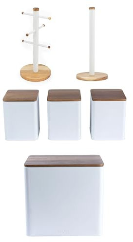 Salter Toronto 6-Piece Kitchen Countertop Set – Tea, Sugar, Coffee Canisters, Bread Bin, Freestanding Kitchen Roll Holder & Display Mug Tree, Steel Storing Rack, Acacia Wood, White Finish, COMBO-9302