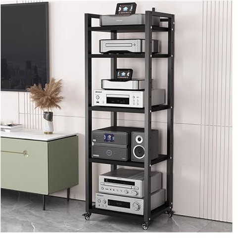 5/6/7/8-tier Media Stand Audio/video Component Cabinet with Wheels, Rolling Video Game Console Shelf, Heavy Duty Adjustable Stereo AV Media Rack, for Home/Office/Coffee Shop(Black 5 Layer,50cm/19.7i