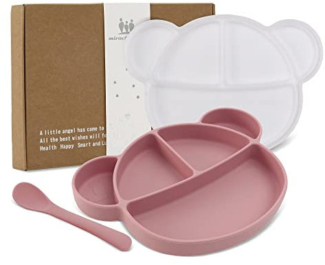 Miracle Baby Assiette Silicone avec Ventouse pour Bébé Assiette Antiderapante avec Couvercle et Cuillère Assiette Enfant Fille Garçon Set avec Boîte Cadeau, Sans BPA et Lave-vaisselle (Rose)