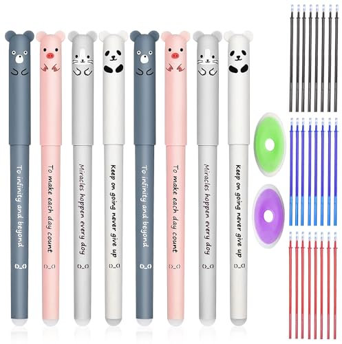 XIAQICA 8 Stück 0,35 mm Gelschreiber Kugelschreiber Stifte Tiere Stift zum Wegradieren Süße Stifte mit 24 Ersatzminen + 2 Radiergummis für Bürobedarf, Heimschule, Studenten Briefpapier