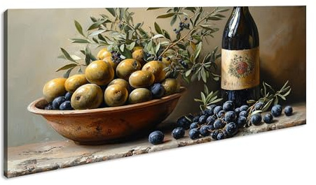 Leinwandbild Rustikale Komposition aus Oliven, Zweigen und Wein Panorama Format: 120x60 cm XXL Kunstdruck Bild auf Keilrahmen/Wandbild/Wohnzimmer Deko