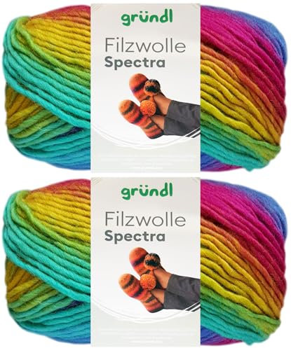 2x100 Gramm Gründl Filzwolle Spectra aus 100% reiner Schurwolle inkl. Anleitung für Filzschuhe (05 Carnival Multicolor)