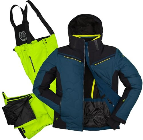Killtec Herren Skianzug Größe M - aus Skijacke dunkelblau schwarz und Skihose neon grün - mit 10000mm Wassersäule - wasserdicht, atmungsaktiv