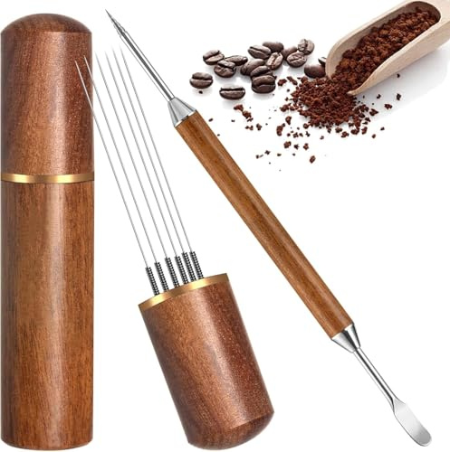 6 Needles Espresso Coffee Stirrers, Professional Espresso Distribution Tool Natural Wood Handle and Stand, Stainless Steel Coffee Art Pen