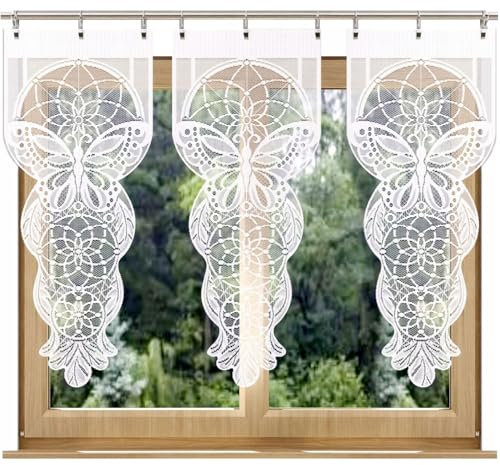 Home Dekorator Weiß Schiebegardinen Küche 40x100cm | Küchengardinen Modern | Scheibengardine aus Spitzenstoff | Fenstergardinen Spitze | Gardine Küchenfenster Schmetterling-Design (1 Stück)