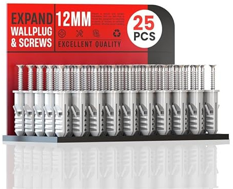25 Pcs Grey Wall Plug and Screw Set(25 x Masonry Screws, x 25 Expansion Anchor Bolts), M6 M8 Wall Plugs and Screws, for Brick 12mm Concrete Drywall Self Tapping Screw