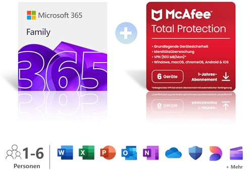 Microsoft 365 Family │ 1 Jahr │ bis zu 6 Personen │ Office Apps mit KI | bis zu 6 TB Cloudspeicher + McAfee Total Protection | 6 Geräte | Aktivierungscodes per E-Mail