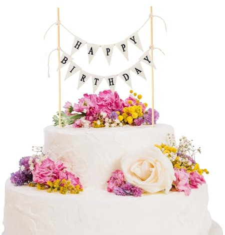 Birthday Cake Toppers, Cake Banner Toppers, Handmade Linen Pennant Flags with Bamboo Polls for Birthday Party Desserts Pastries Decorations
