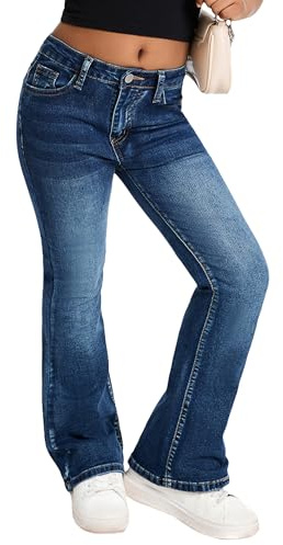 Happy Cherry Teenager Mädchen Jeans Schlaghose Vintage Denim mit Taschen Elastischer Glockenbund Hose Blau Kinder Ausgestellte 122-128/7-8Jahre