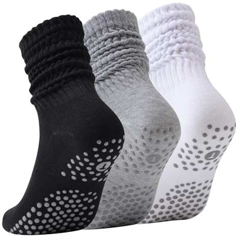 Risipu 3 Paar Pilates-Socken für Damen, Yoga-Socken mit rutschfester Sohle für Barre Long Scrunch Socks (DE/NL/SE/PL, Alphanumerisch, Einheitsgröße, Regular, Regular, Schwarz+Weiß+Grau)