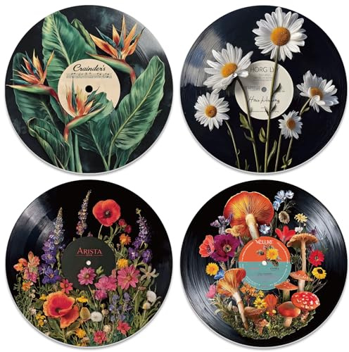 DOODLREAM 4 Packung Botanisches Vinyl Schallplatten Dekor 30cm Ästhetisches Wanddekor Wandkunst Trippy Records für Schlafsäle Häuser Büros Schlafzimmer Wohnzimmer
