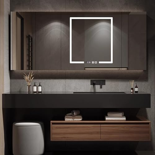 Mueble de baño de 140 cm con lavabo individual, 2 cajones y puertas, espejo LED, elegante acabado marrón, 140 cm, ideal para baños modernos