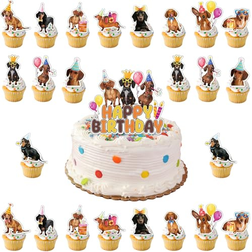 Dachshund Kuchen Dekorations, 25 Stück Dackel Kuchen Topper, Cupcake Topper | Dachshund Geburtstag Party Zubehör, Dog Theme Birthday Decorations, Für Kindergeburtstage und Hunde Mottopartys