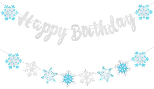 Gefrorenes Happy Birthday Banner, Winter Glitzer Blau und Weiß Gefrorene Schneeflocke Geburtstagsdekorationen Banner für Winterwunderland Party Weihnachtsfeierbedarf