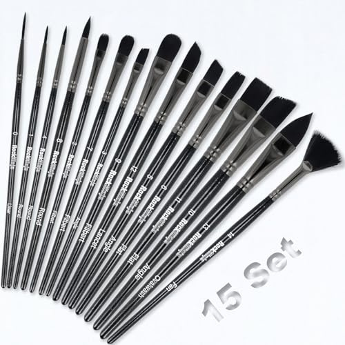 Rock Ninja Paint Brush Set, 15Pcs Artist Paint Brushes for Acrylic, Oil, Watercolor, Creative Body Paint, Decorating and Gouache Painting (Black)