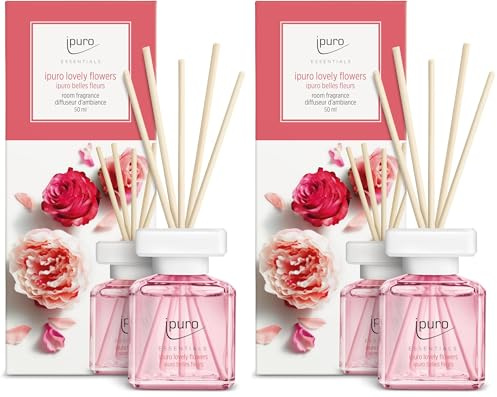ipuro - Essentials Raumduft Lovely Flowers 50ml | Raumerfrischer mit Ylang Ylang, Rose, Maiglöckchen, Vanille & Moschus Duft Aroma | Diffuser mit Stäbchen | Lufterfrischer für die Wohnung