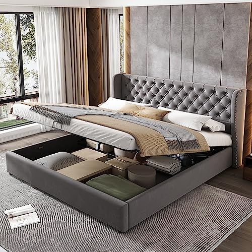 Abosbeet Polsterbett 180x200cm Ohrenform mit großen Knopfnähten, Hydraulisches Stauraumbett Chesterfield-Stil, Schmutzabweisendes Vliesstoff-Bettunterseite, Velvet