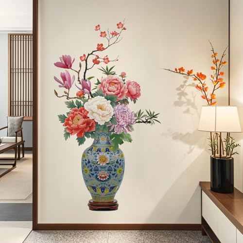 SHUCHING Große Wandtattoo Blumen Pfingstrosen | Wandsticker Blumenvase Vintage 3D, Selbstklebende Wandaufkleber für Wohnzimmer Schlafzimmer Büro