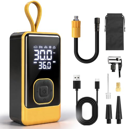 Mxcasoxz Tragbare Elektrische Luftpumpe, 150 PSI/10,3 Bar Akku Fahrradpumpe | Schnelleres Aufpumpen 1 Min,4 Modi,Auto-Stopp,LED-Licht&USB-C,Wiederaufladbare Reifenpumpe für Auto/Fahrrad/Motorrad/Bälle