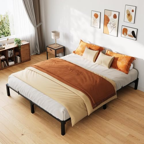 GarveeHome Full Size Metal Bed Frame, Heavy Duty Bed Base with No Box Spring Needed, 25 cm Height Platform Bed with No Screws Quick Lock Assembly, Pre-Drilled Holes, Sturdy Steel Slat Support