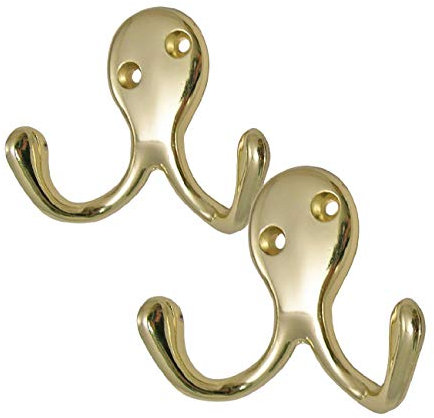 2 Pack of Brass Double Coat Hooks Door & Wall Robe Dress Garment Hangers