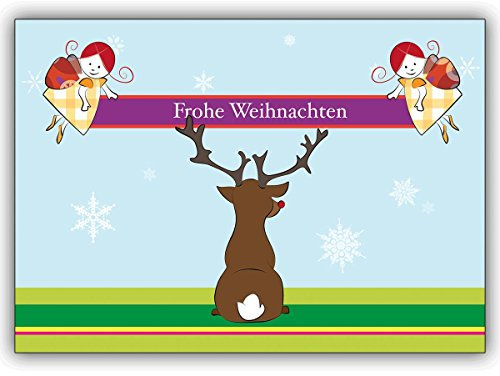 16 Weihnachtskarten (16er Set): Lustige Designer Weihnachtskarte mit Rentier Rudolf von hinten und 2 Engeln • ausgefallene Weihnachtspost mit Umschlag zu Neujahr, Silvester für Familie und Firma