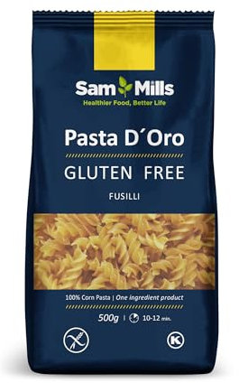 Sam Mills - Fusilli Sin Gluten - 1 paquete de 500 g - 100% Harina de Maíz - Fabricado en Instalaciones Sin Gluten - Mejora el Tránsito Intestinal - Ideal para Dietas Veganas
