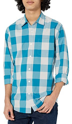 Amazon Essentials Chemise en Popeline à Manches Longues, Style Décontracté, Coupe Standard Homme, Bleu Blanc Carreaux Lainés, M