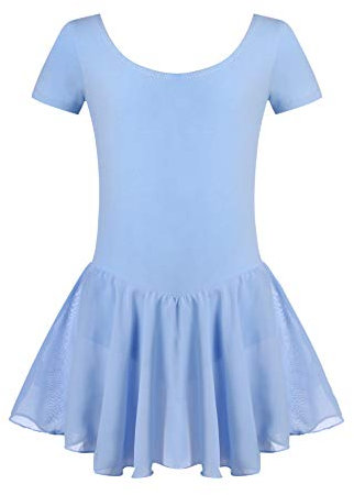 Untlet Ballettkleid Mädchen Kinder Kurarm Ballettanzug Ballett Trikot Kurzarm Body mit Chiffon Wickelrock Kinder Ballettkleidung Tanzkleid Tanzbody,Blau,140