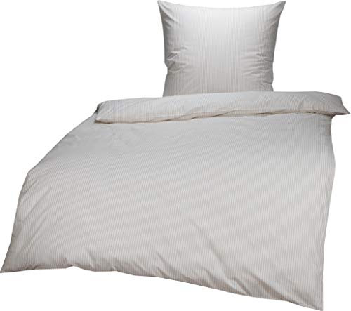 Lorena Mako Batist Bettwäsche Basel Mini Steifen Beige, 155x220 cm + 80x80cm, 100% Baumwolle