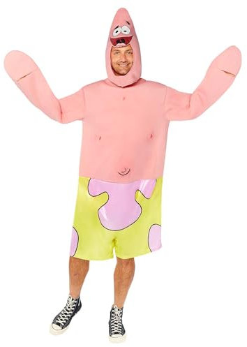 Amscan - Erwachsenenkostüm Patrick, Overall mit bedruckten Shorts, Mütze, Spongebob, Seestern, Karneval, Motto-Party