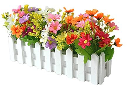 Marooma Artificial Flowers in Picket Fence Pot - Fake Mixed Color Jumping Orchid Plants - Mini Potted Plant for Indoor Farmhouse Wedding Home Decor