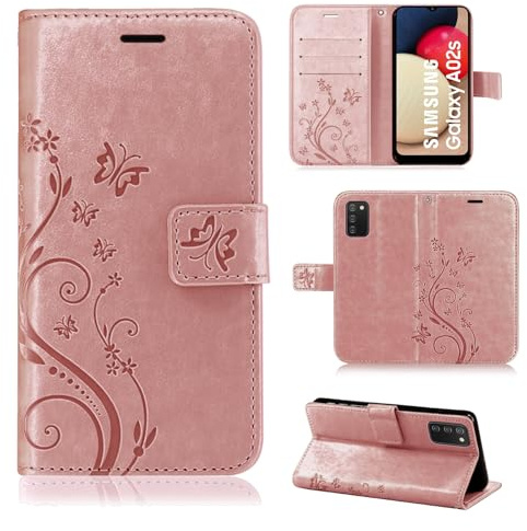 Hülle Kompatibel mit Samsung Galaxy A02s | Premium PU Leder Handyhülle Wallet Case für Galaxy A02s | Schutzhülle Blumen Klapphülle Handyhülle | Rosegold