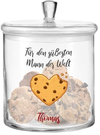 GRAVURZEILE Leonardo Keksglas - Süßester Mann der Welt - Keksdose Bonbonglas mit Deckel & Namen - Geschenk für Sie & Ihn zu Jahrestag Valentinstag Geburtstag Weihnachten - Geschenk für Frauen Männer