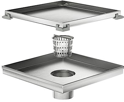 Neodrain Quadratischer Duschrinne mit herausnehmbarem Flieseneinsatzrost, gebürsteter Edelstahl 304, CUPC zertifiziert, inkl. Haarsieb, 20,3 cm